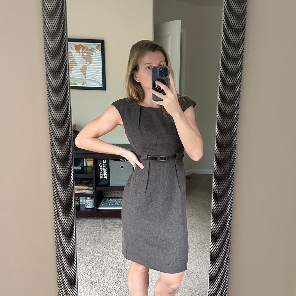 Connected Apparel Charcoal Cap Sleeve Dress with Belt/Belt Loops